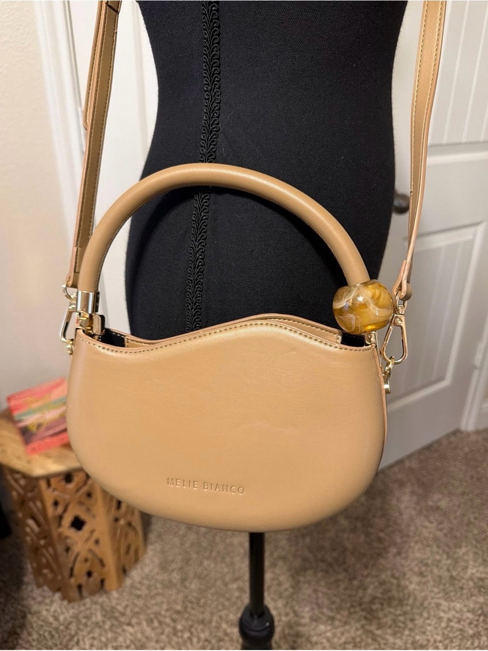 Melie Biianco Tan Crescent Handle Crossbody Bag with Bead Accent